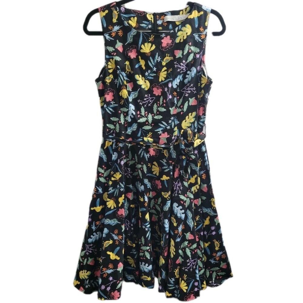 Miss Lulo Retro Novelty Print Dress Birds Floral Strawberry Fit Flare L